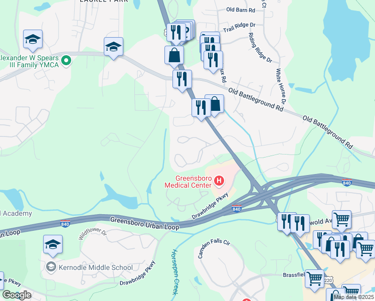 map of restaurants, bars, coffee shops, grocery stores, and more near 3901 Battleground Avenue in Greensboro