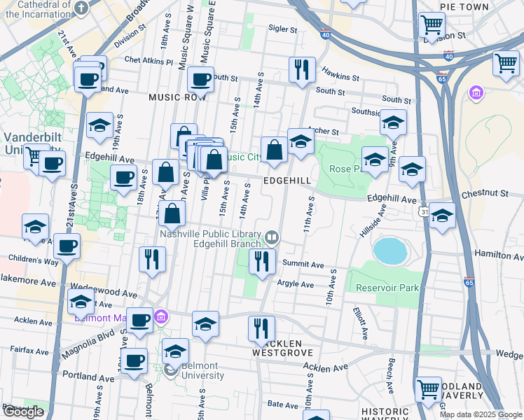 map of restaurants, bars, coffee shops, grocery stores, and more near 1325 12th Avenue South in Nashville