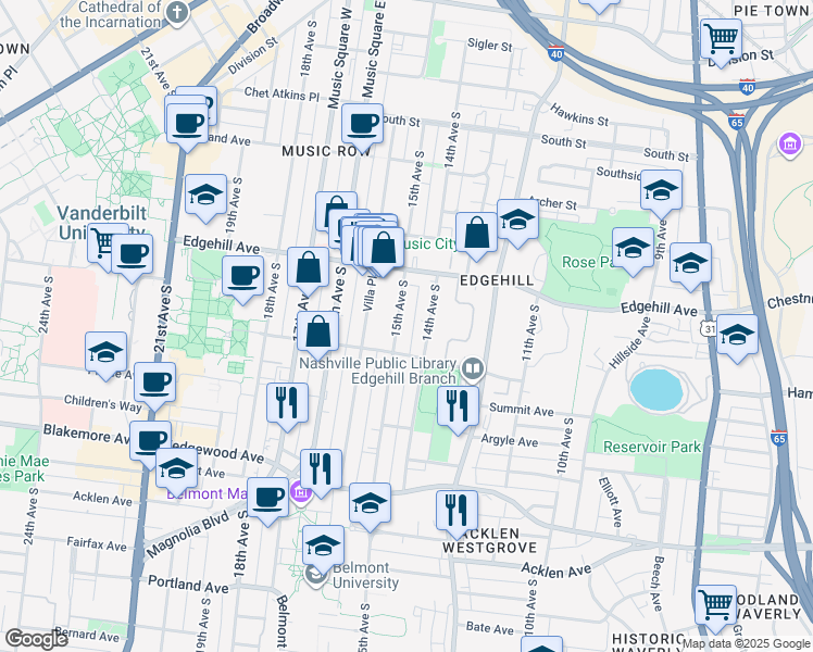 map of restaurants, bars, coffee shops, grocery stores, and more near 1301 14th Avenue South in Nashville