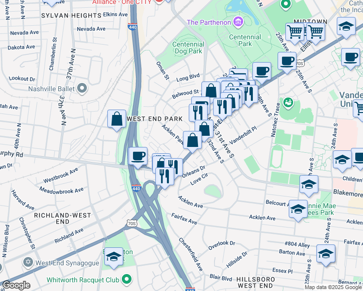 map of restaurants, bars, coffee shops, grocery stores, and more near 3310 West End Avenue in Nashville