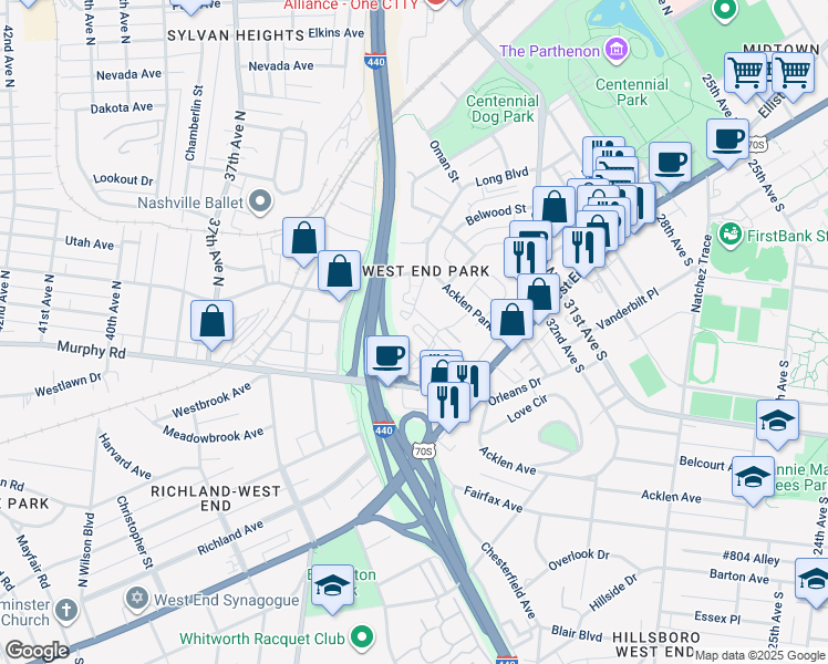 map of restaurants, bars, coffee shops, grocery stores, and more near 230 Fairmont Court in Nashville