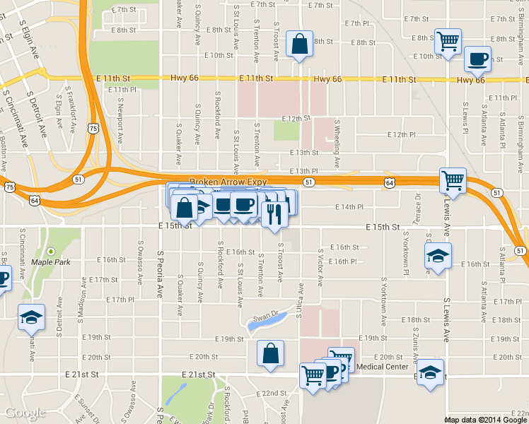map of restaurants, bars, coffee shops, grocery stores, and more near 1440 South Trenton Avenue in Tulsa