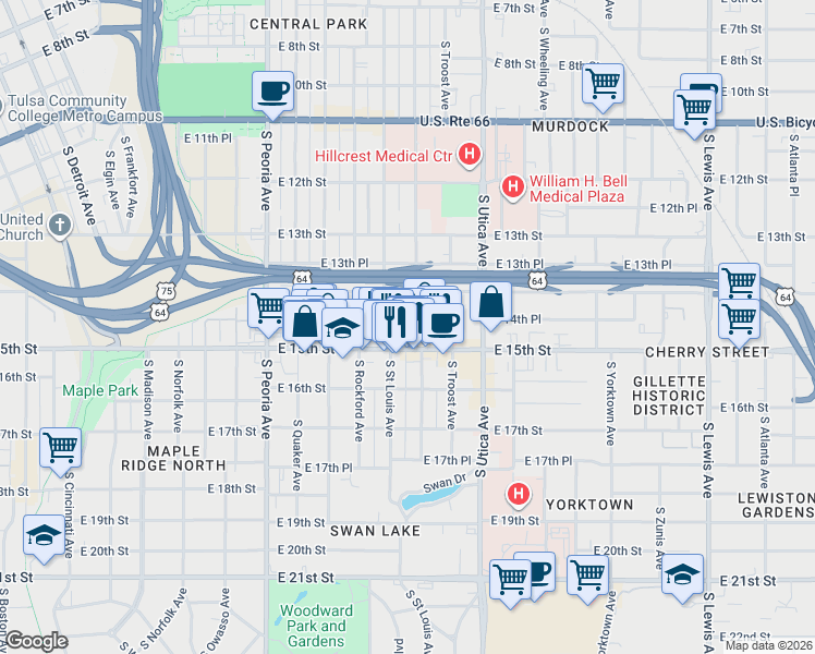 map of restaurants, bars, coffee shops, grocery stores, and more near 1440 South Trenton Avenue in Tulsa