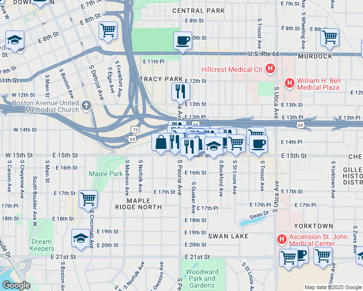 map of restaurants, bars, coffee shops, grocery stores, and more near in Tulsa