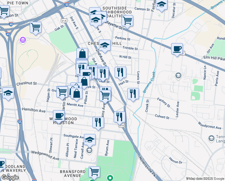 map of restaurants, bars, coffee shops, grocery stores, and more near 1414 3rd Avenue in Nashville
