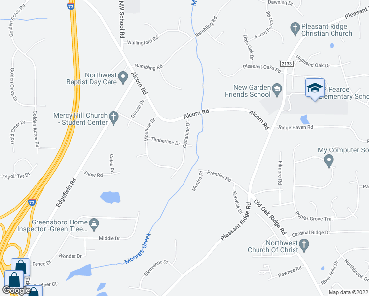map of restaurants, bars, coffee shops, grocery stores, and more near Cedarline Drive in Greensboro