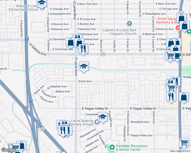 map of restaurants, bars, coffee shops, grocery stores, and more near 4450 Karen Avenue in Las Vegas
