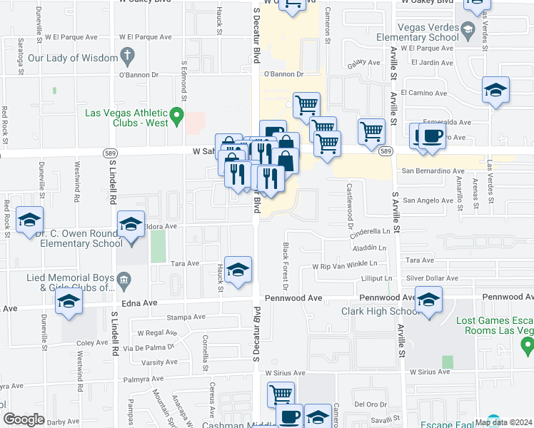 map of restaurants, bars, coffee shops, grocery stores, and more near 2664 South Decatur Boulevard in Las Vegas