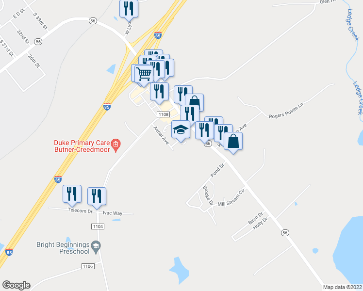 map of restaurants, bars, coffee shops, grocery stores, and more near 1552 South Campus Drive in Creedmoor