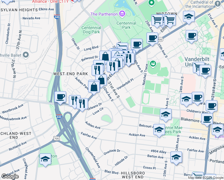 map of restaurants, bars, coffee shops, grocery stores, and more near 3100 Vanderbilt Place in Nashville