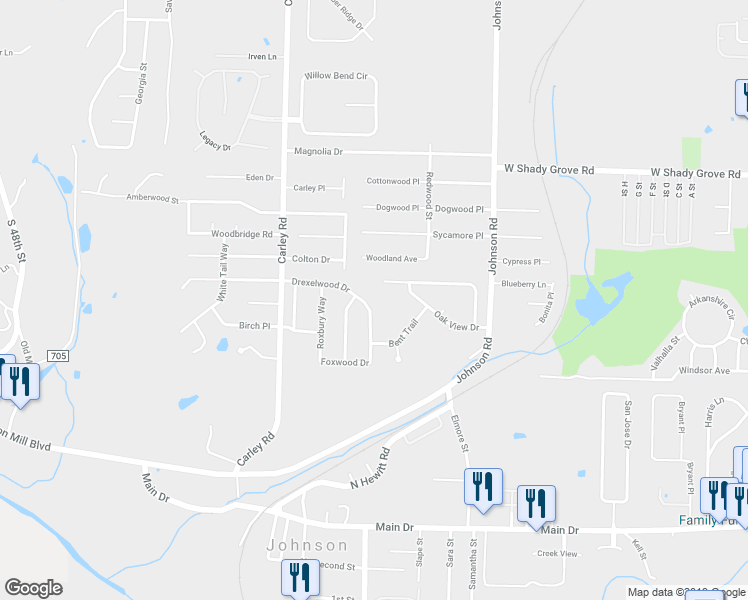 map of restaurants, bars, coffee shops, grocery stores, and more near 2700 Drexelwood Drive in Springdale