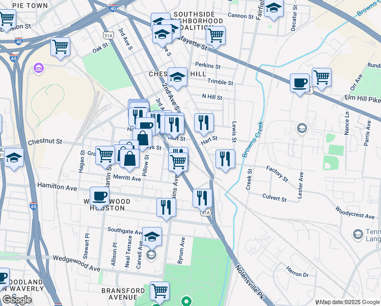 map of restaurants, bars, coffee shops, grocery stores, and more near 1414 3rd Avenue in Nashville