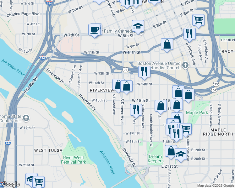 map of restaurants, bars, coffee shops, grocery stores, and more near in Tulsa