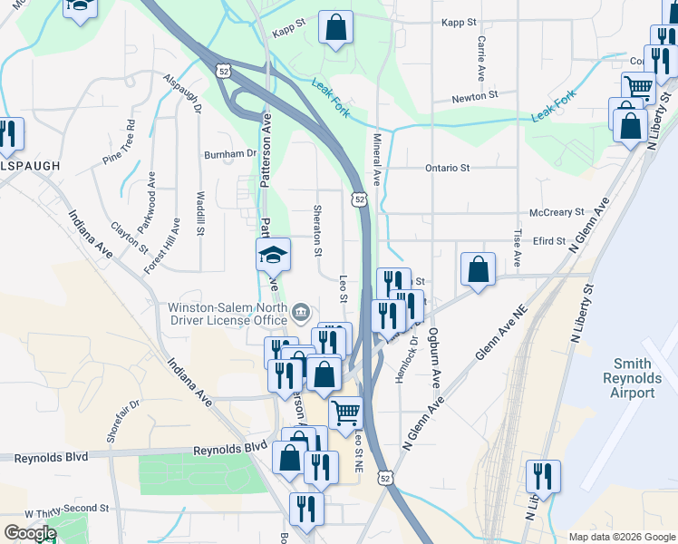 map of restaurants, bars, coffee shops, grocery stores, and more near 3900 Leo Street in Winston-Salem