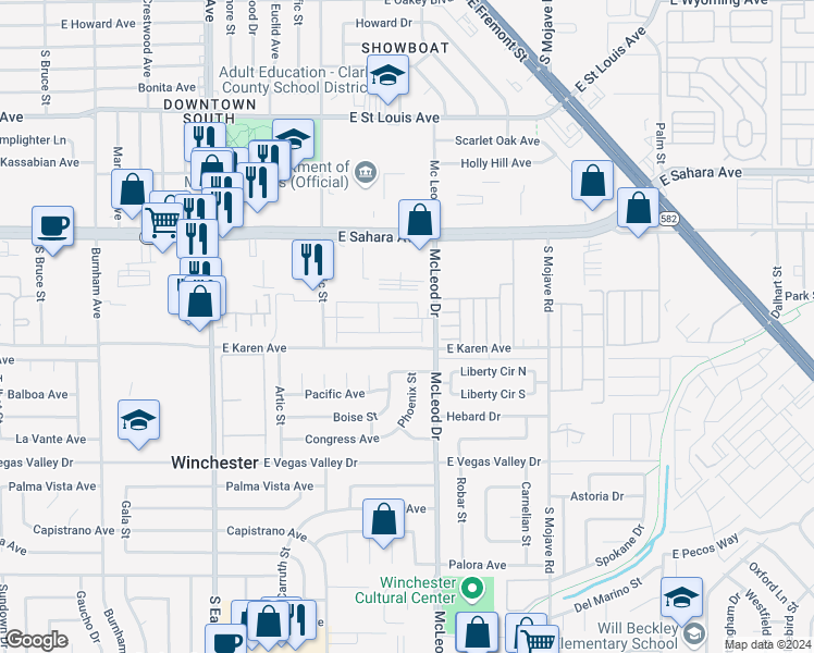 map of restaurants, bars, coffee shops, grocery stores, and more near 2893 Klinger Circle in Las Vegas