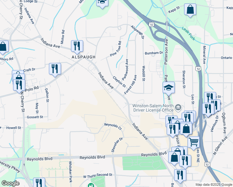 map of restaurants, bars, coffee shops, grocery stores, and more near 3908 Indiana Avenue in Winston-Salem