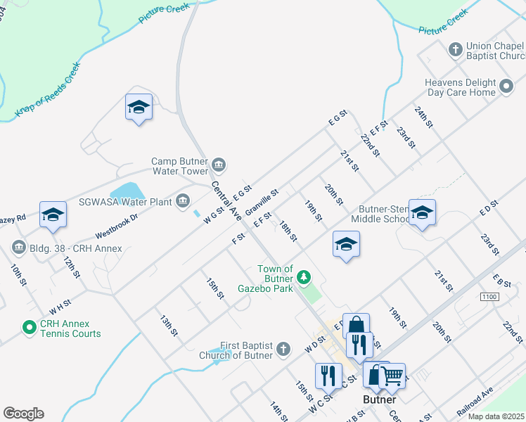 map of restaurants, bars, coffee shops, grocery stores, and more near 107 East F Street in Butner