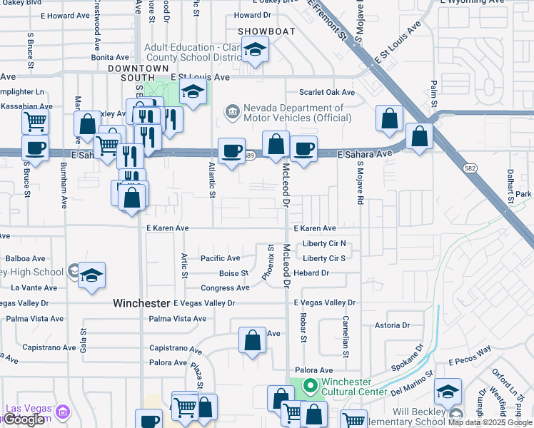 map of restaurants, bars, coffee shops, grocery stores, and more near 2893 Klinger Circle in Las Vegas