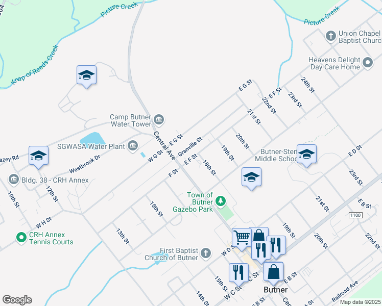 map of restaurants, bars, coffee shops, grocery stores, and more near 107 East F Street in Butner
