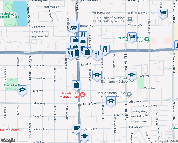 map of restaurants, bars, coffee shops, grocery stores, and more near 2643 Red Rock Street in Las Vegas