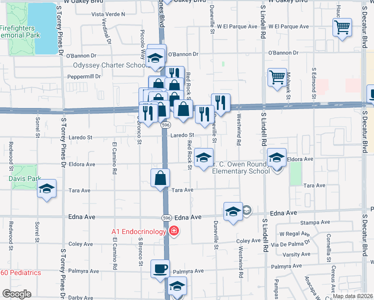 map of restaurants, bars, coffee shops, grocery stores, and more near 2643 Red Rock Street in Las Vegas