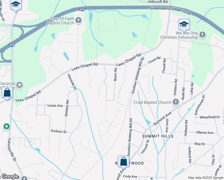 map of restaurants, bars, coffee shops, grocery stores, and more near 4713 Byers Road in Greensboro