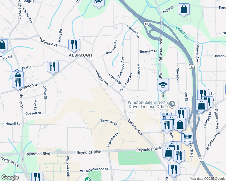 map of restaurants, bars, coffee shops, grocery stores, and more near 3908 Indiana Avenue in Winston-Salem