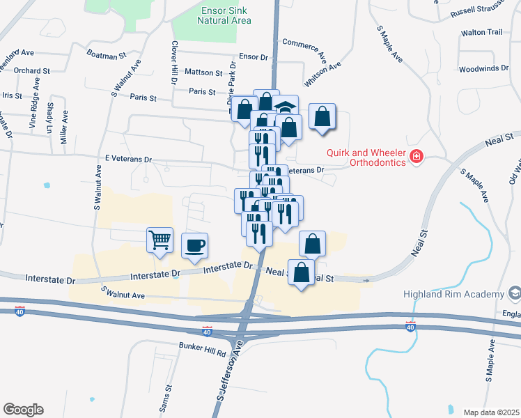 map of restaurants, bars, coffee shops, grocery stores, and more near 200 Scenic Drive in Cookeville