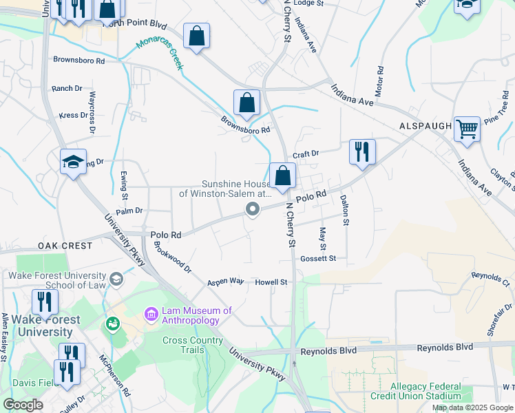 map of restaurants, bars, coffee shops, grocery stores, and more near 545 Polo Road in Winston-Salem