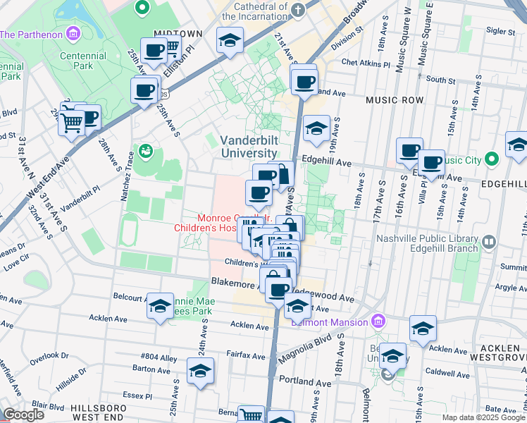 map of restaurants, bars, coffee shops, grocery stores, and more near 1211 Medical Center Drive in Nashville