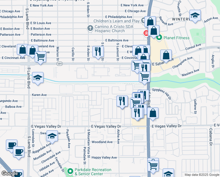 map of restaurants, bars, coffee shops, grocery stores, and more near 2684 Bryandouglas Drive in Las Vegas