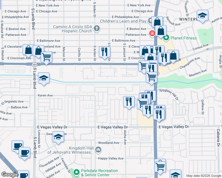map of restaurants, bars, coffee shops, grocery stores, and more near 4670 Tracylynn Lane in Las Vegas