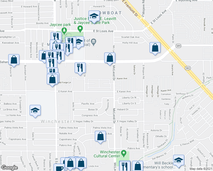 map of restaurants, bars, coffee shops, grocery stores, and more near 2852 Karen Avenue in Las Vegas