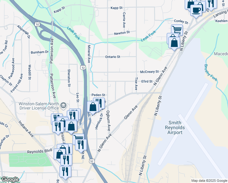 map of restaurants, bars, coffee shops, grocery stores, and more near 3922 Harwood Street in Winston-Salem