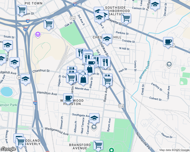 map of restaurants, bars, coffee shops, grocery stores, and more near 1302A Pillow Street in Nashville