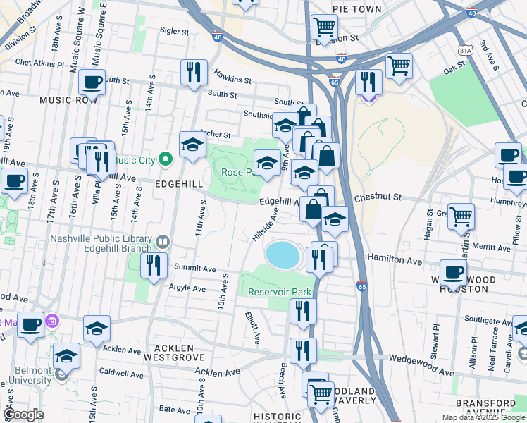 map of restaurants, bars, coffee shops, grocery stores, and more near 925 Edgehill Avenue in Nashville