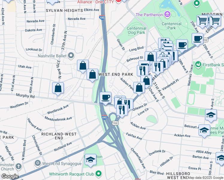 map of restaurants, bars, coffee shops, grocery stores, and more near 230 Fairmont Court in Nashville