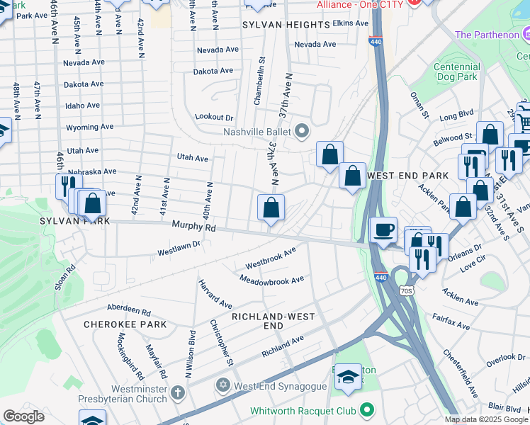 map of restaurants, bars, coffee shops, grocery stores, and more near 104 37th Avenue North in Nashville