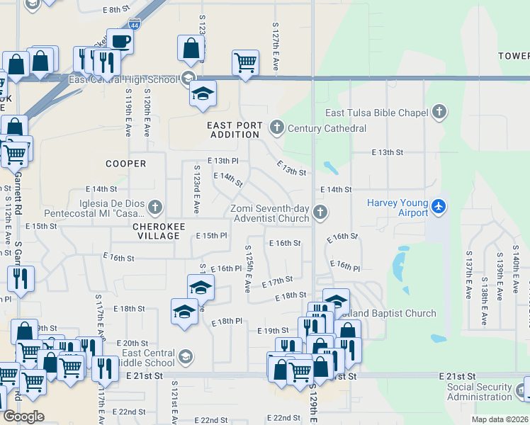 map of restaurants, bars, coffee shops, grocery stores, and more near 12443 East 14th Place in Tulsa