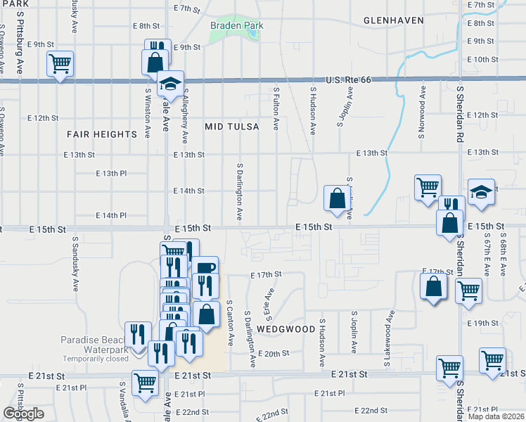 map of restaurants, bars, coffee shops, grocery stores, and more near 1440 South Fulton Avenue in Tulsa