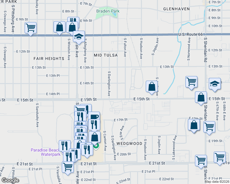 map of restaurants, bars, coffee shops, grocery stores, and more near 1441 South Darlington Avenue in Tulsa