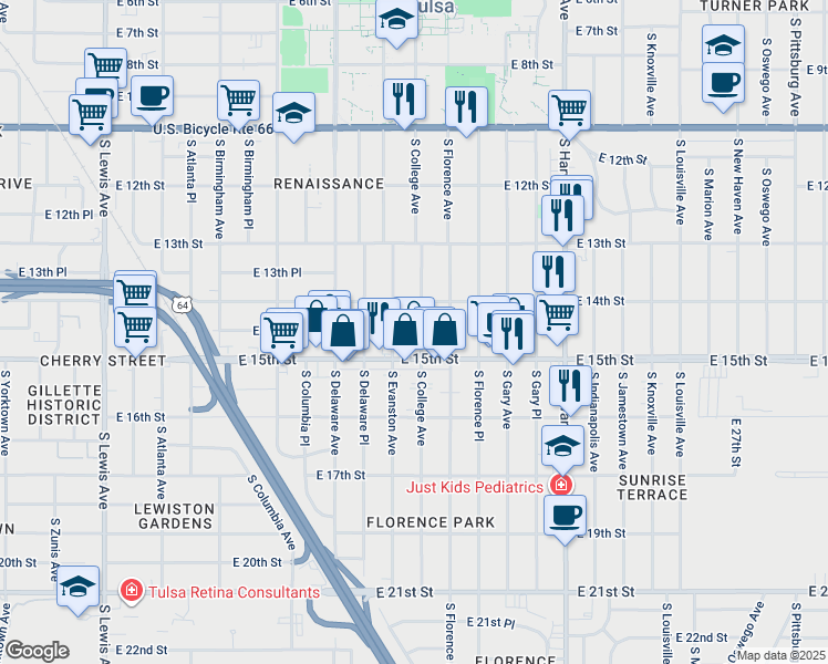 map of restaurants, bars, coffee shops, grocery stores, and more near 1438 South College Avenue in Tulsa