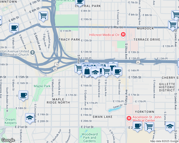 map of restaurants, bars, coffee shops, grocery stores, and more near in Tulsa