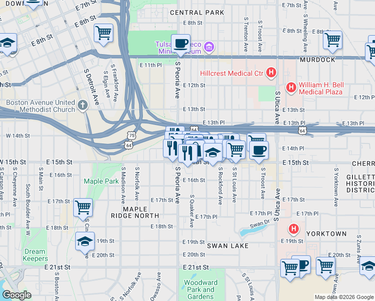 map of restaurants, bars, coffee shops, grocery stores, and more near 1441 South Quaker Avenue in Tulsa