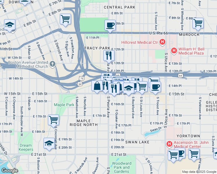 map of restaurants, bars, coffee shops, grocery stores, and more near in Tulsa