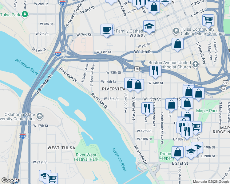 map of restaurants, bars, coffee shops, grocery stores, and more near 1439 South Guthrie Avenue in Tulsa