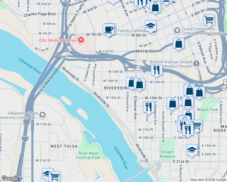 map of restaurants, bars, coffee shops, grocery stores, and more near 1439 South Guthrie Avenue in Tulsa