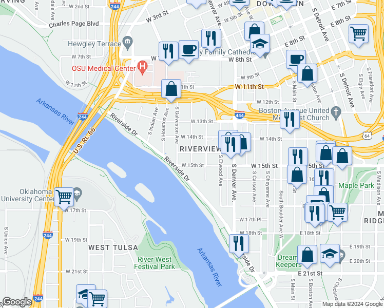 map of restaurants, bars, coffee shops, grocery stores, and more near 1439 South Guthrie Avenue in Tulsa