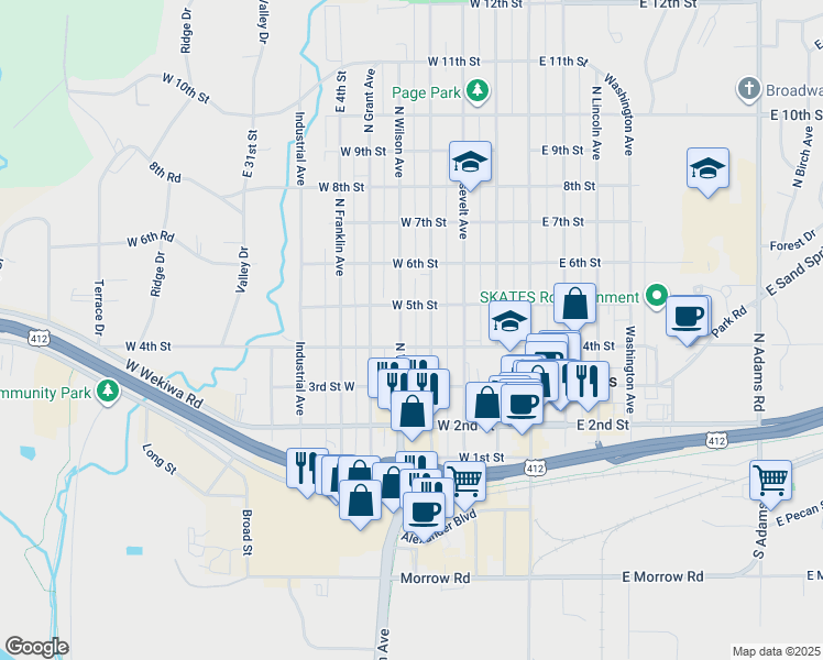 map of restaurants, bars, coffee shops, grocery stores, and more near 324 North Wilson Avenue in Sand Springs