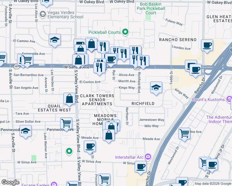 map of restaurants, bars, coffee shops, grocery stores, and more near 2620 Cabot Street in Las Vegas